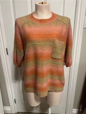White Stuff - Striped Crewneck Sweater with Pocket in Coral, Green & Pink